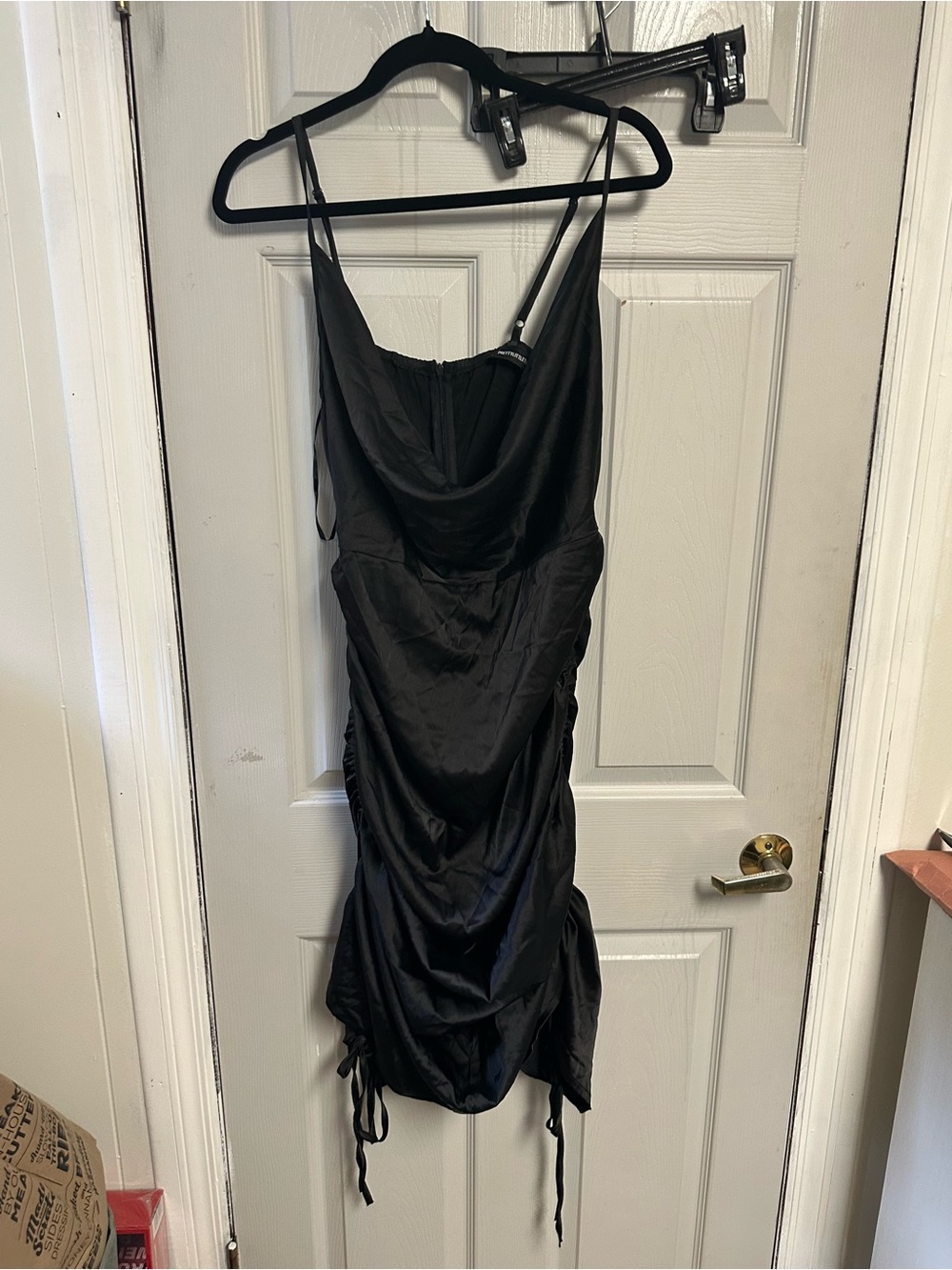 PrettyLittleThing Black Satin Cowl Neck Ruched Maxi Dress